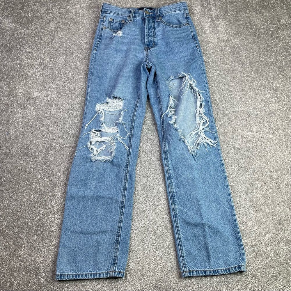 Aeropostale Jeans Women’s 2 Blue 90’s Baggy Straight High Rise Torn Button Fly